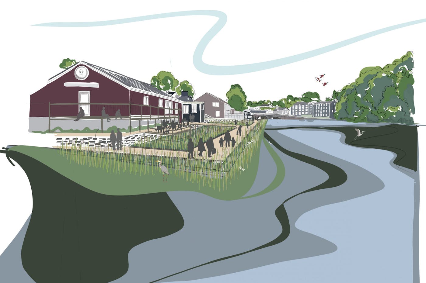 a drawing of a building and a river