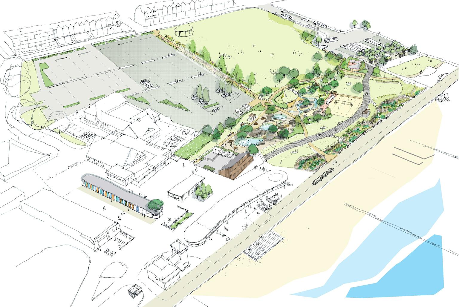 a birds eye sketch view of a seafront town