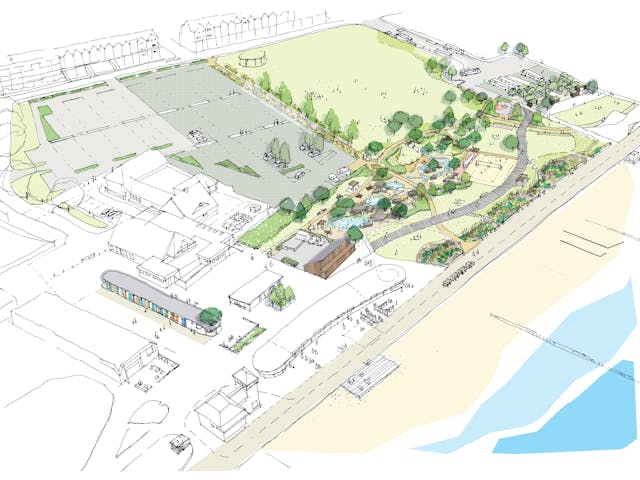 a birds eye sketched view of a seafront town