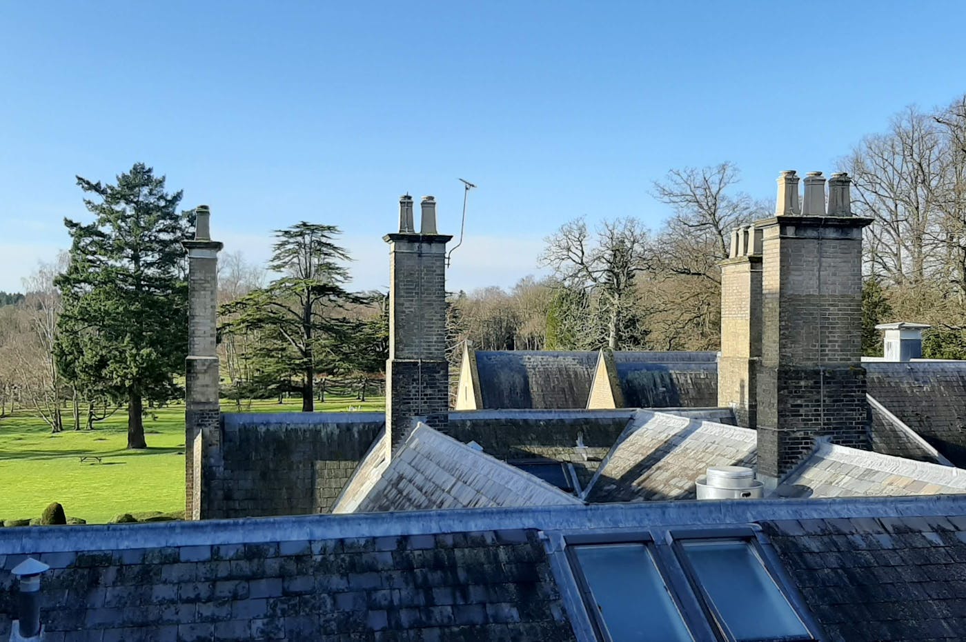 a roof of a building with chimneys