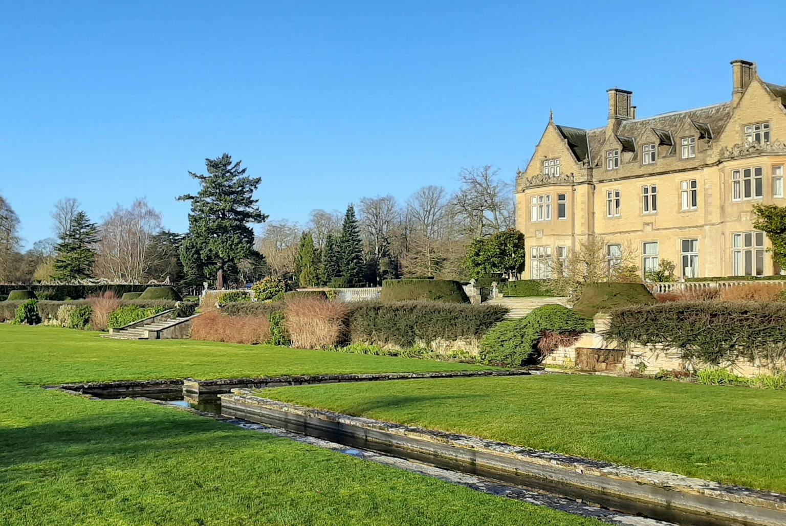 a large lawn with a stream in the middle