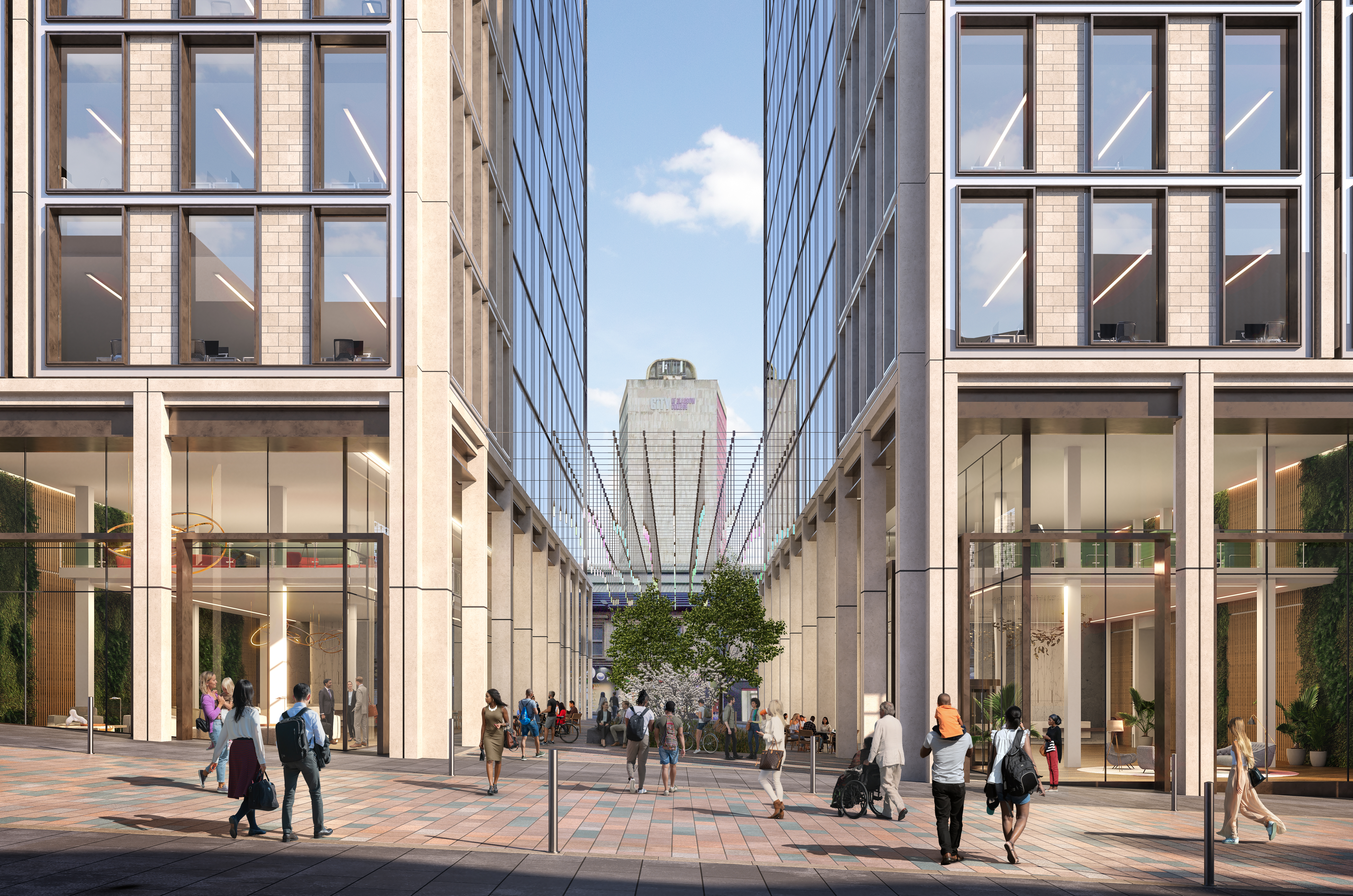 a group of people walking in a courtyard