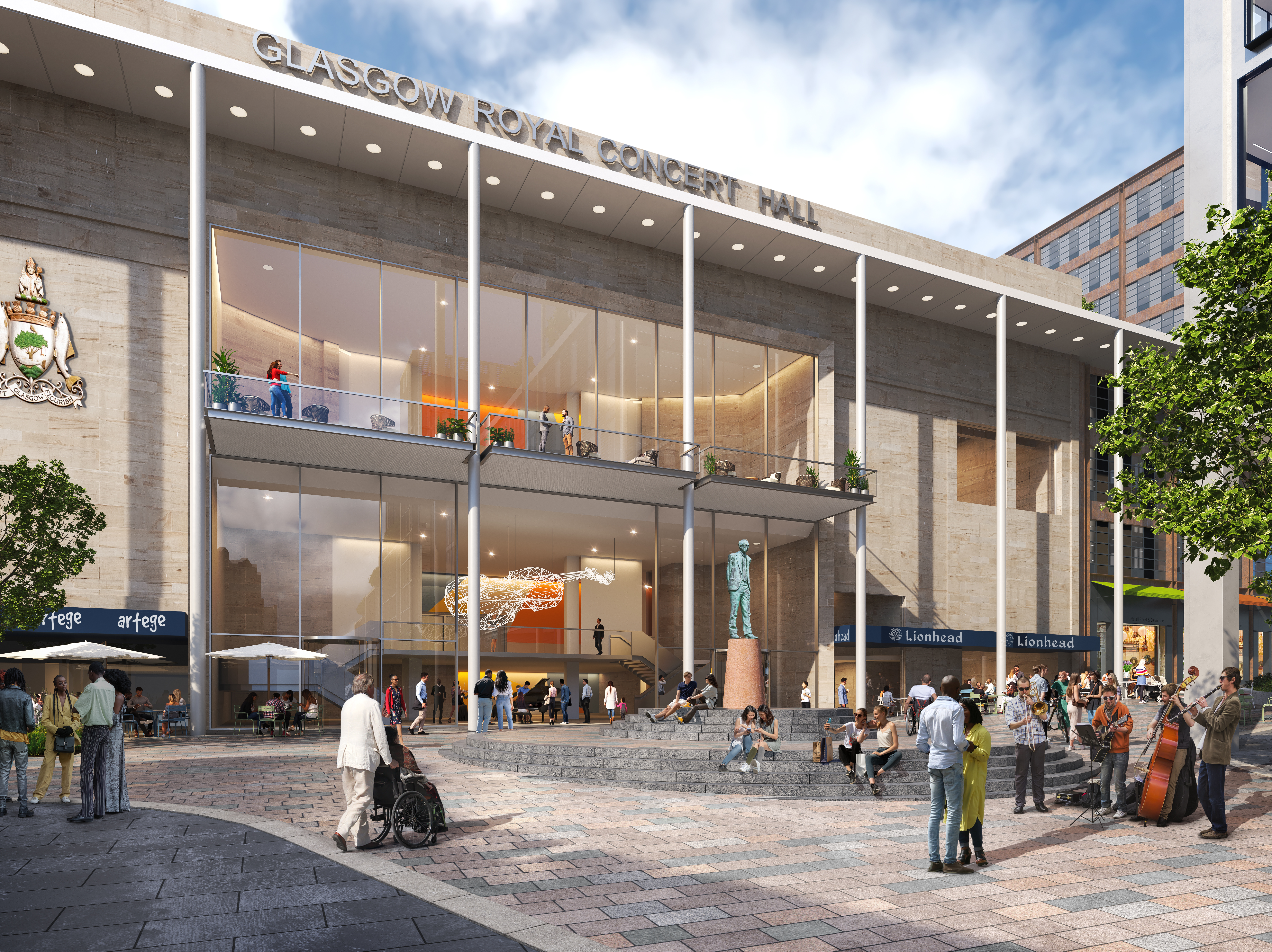 a group of people outside of a concert hall