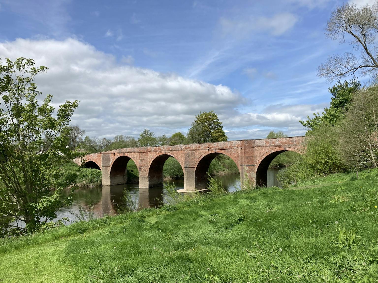 a bridge over water with trees and grass