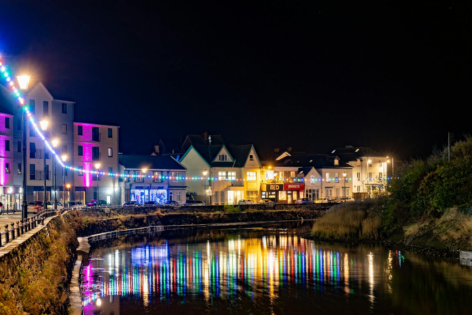 Building lights reflecting on water front