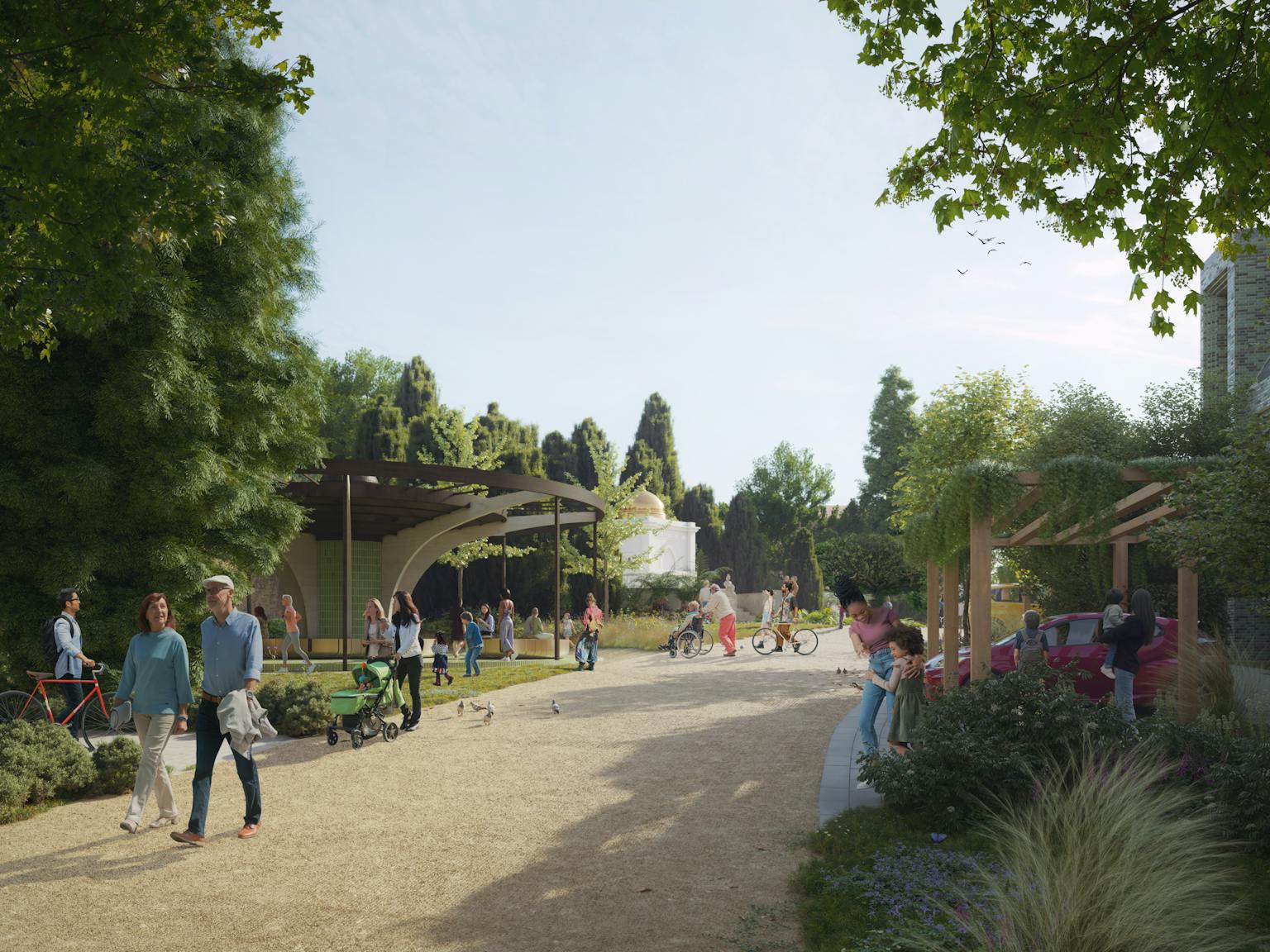 An artistic vision of streets surrounded by trees