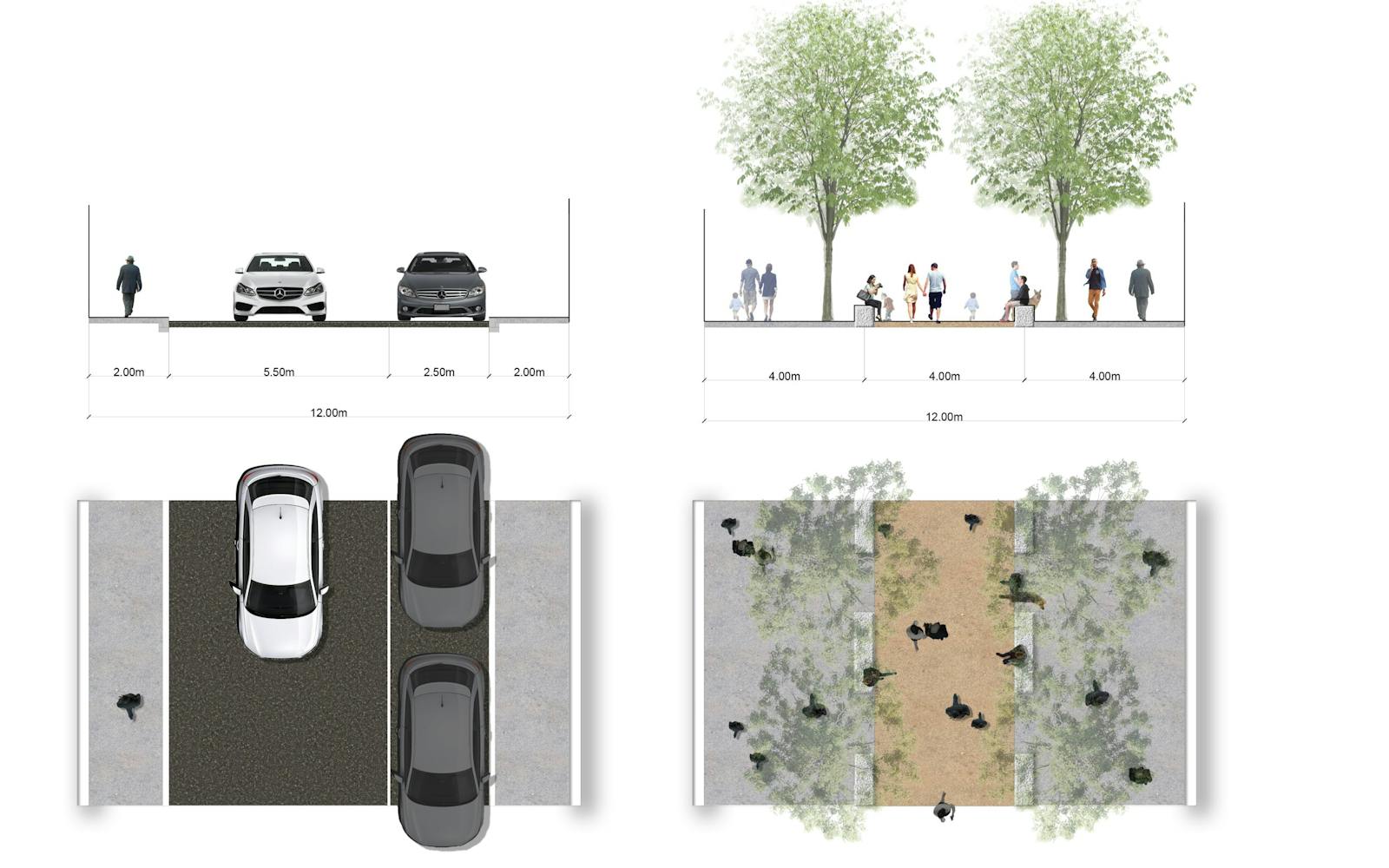 Two technical drawings of a car park with dimensions