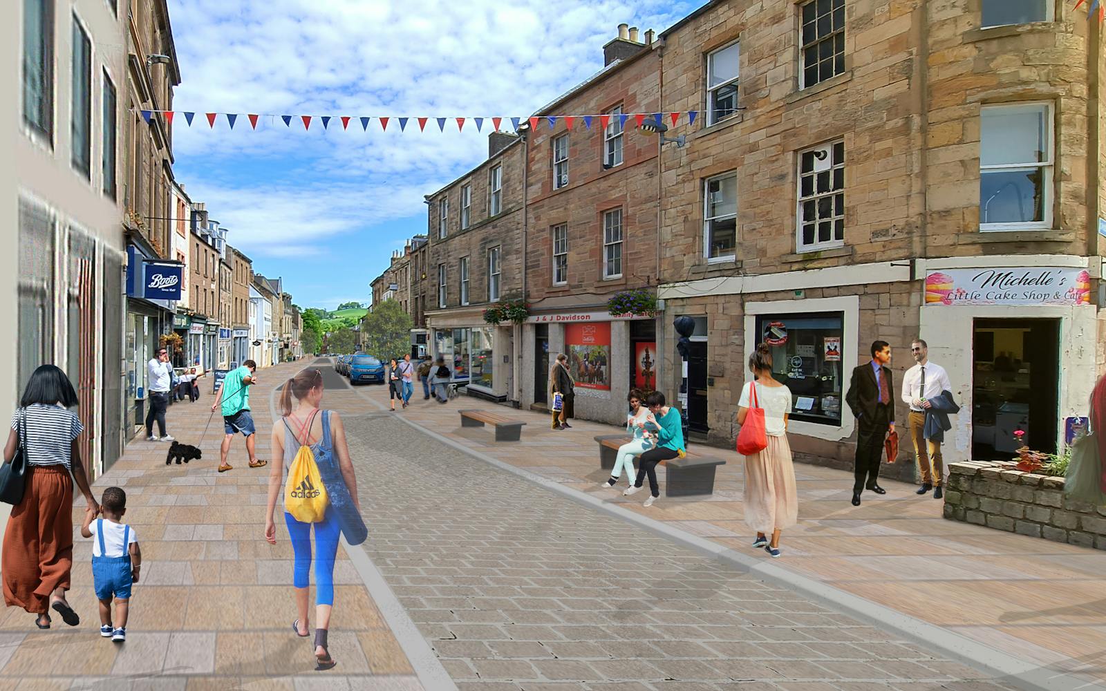 a street with people walking and people walking on the pavement