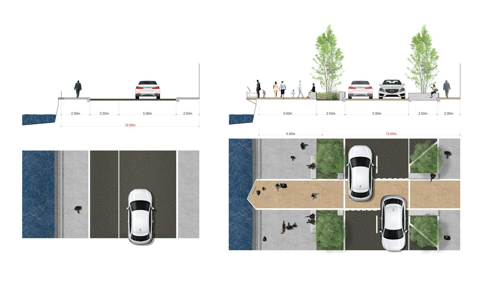 Two dimensional drawing of a street scene, created with digital design software