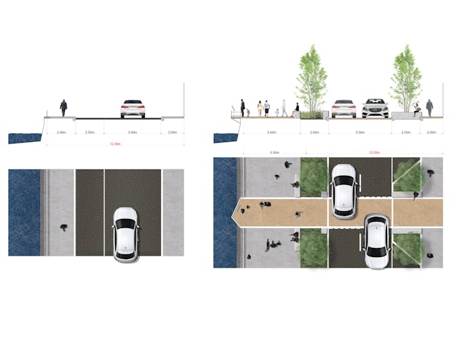 Two dimensional drawing of a street scene, created with digital design software
