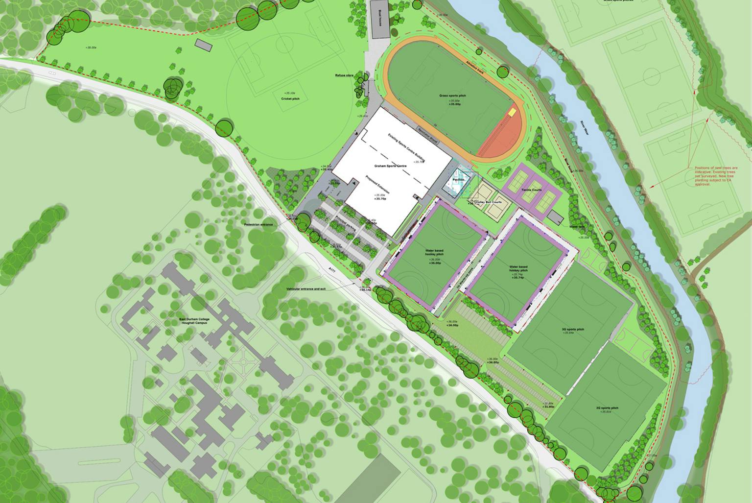 Maiden Castle – Masterplan of proposed grounds including extension to faculty building, sports pitches, ecological enhancements and vehicle parking