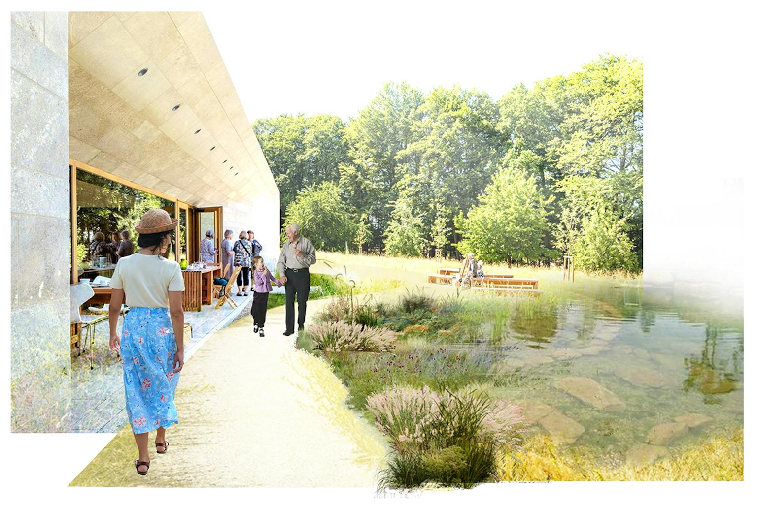 a group of people walking on a path near a pond