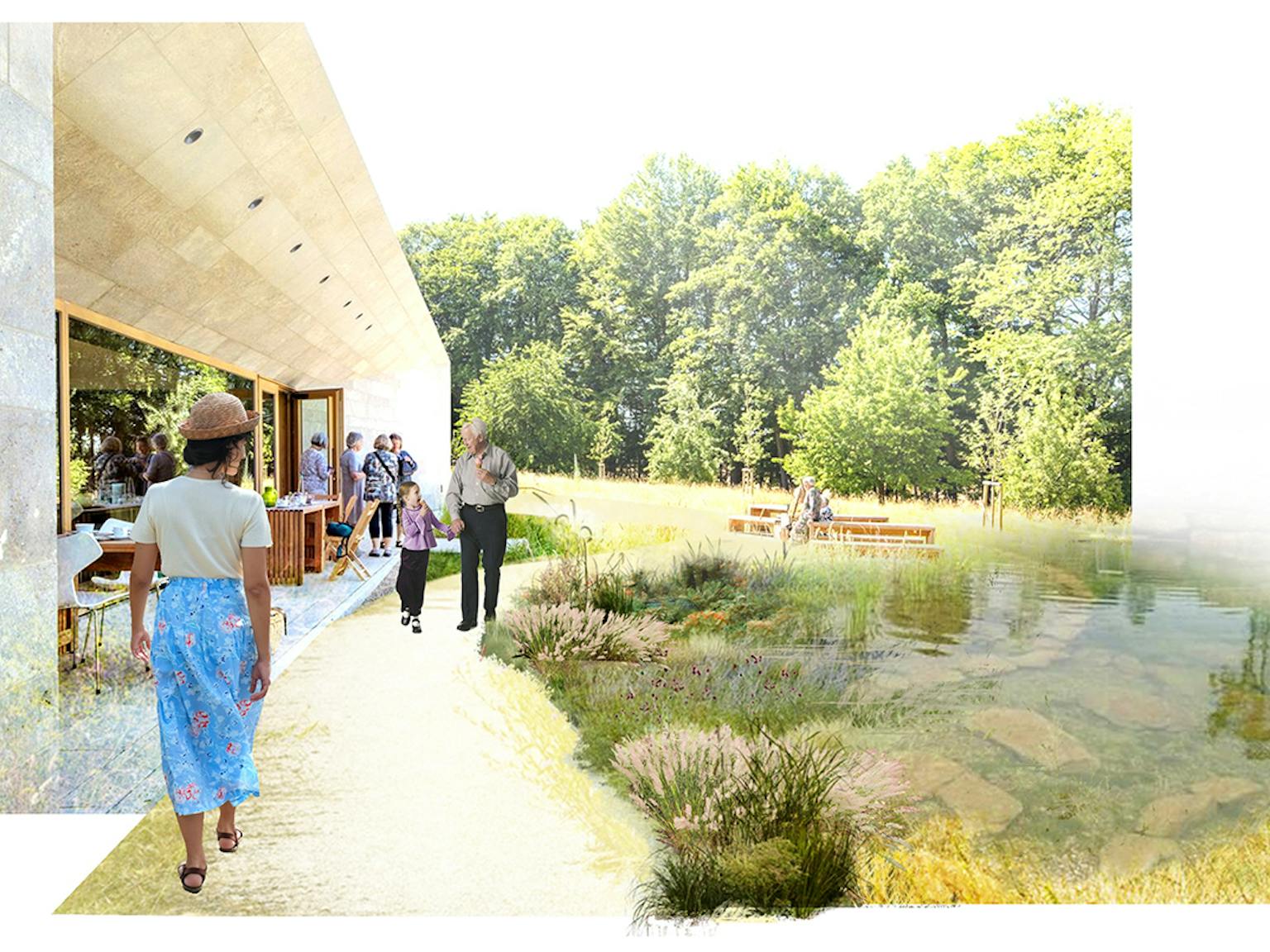 a group of people walking on a path near a pond