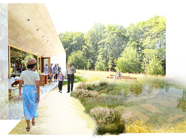 a group of people walking on a path near a pond