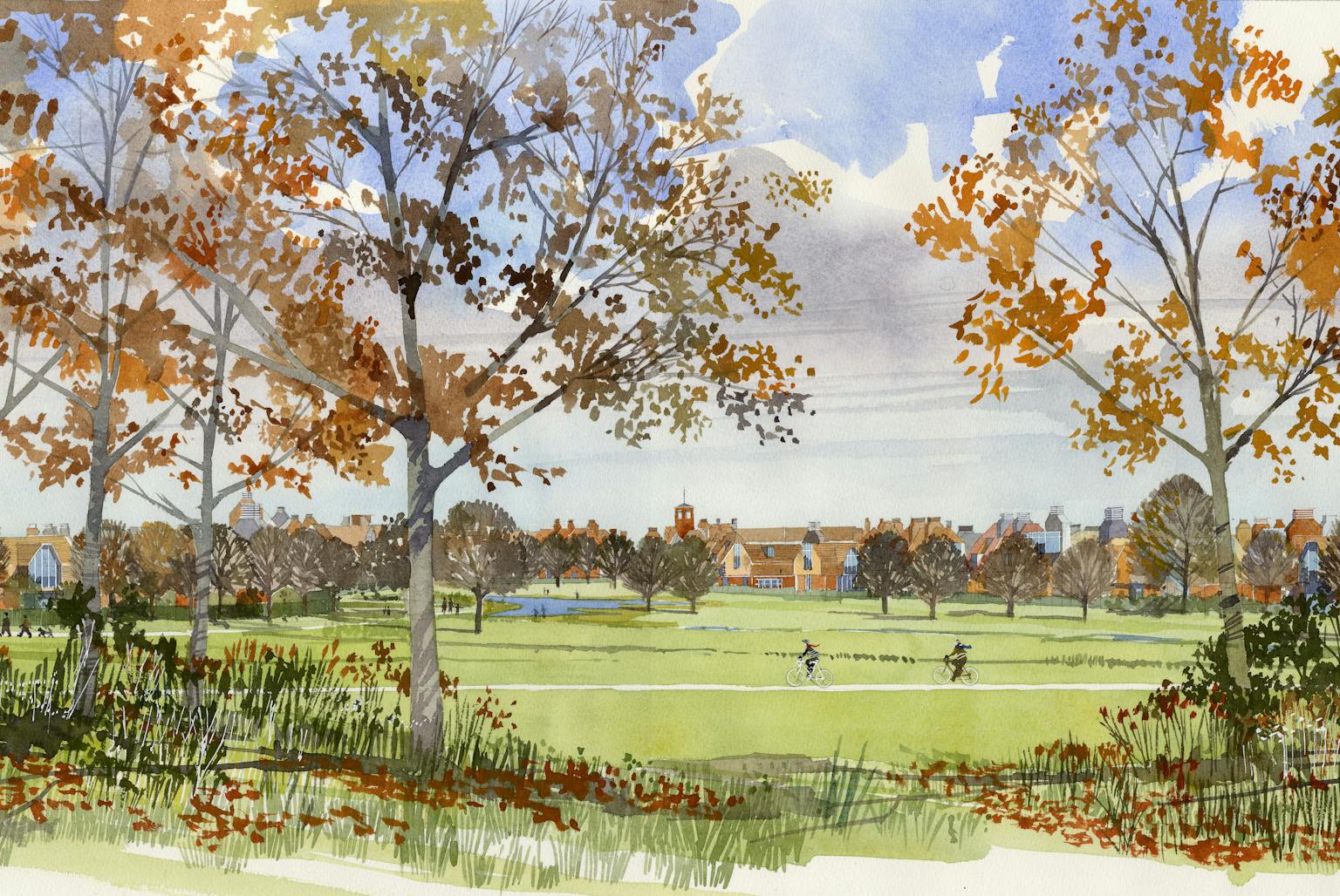 a watercolour of a park with trees and a couple of people