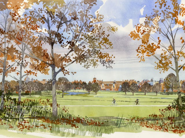 a watercolour of a park with trees and a couple of people