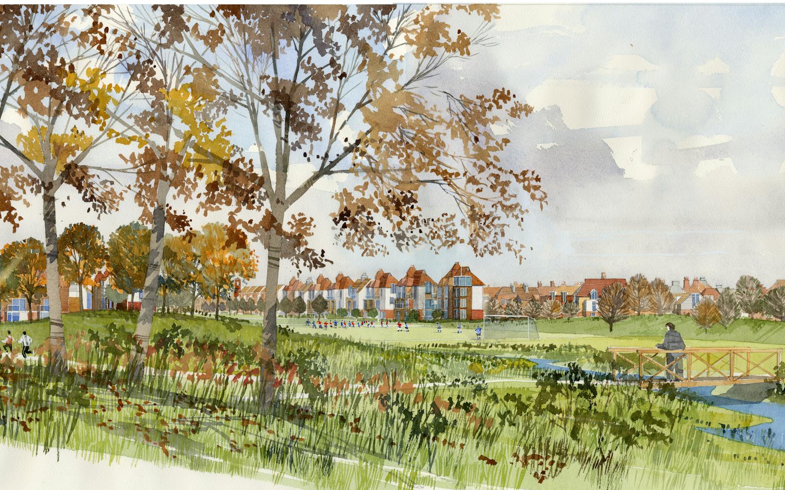 a watercolour of a park with trees and a field