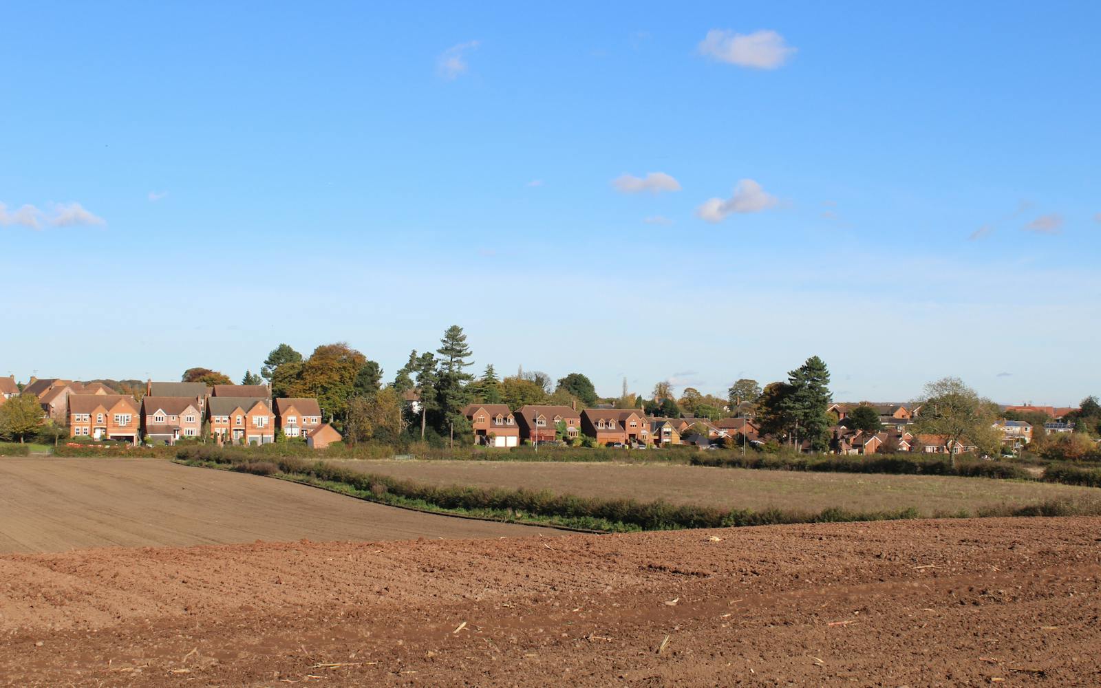 a field with houses in the background
