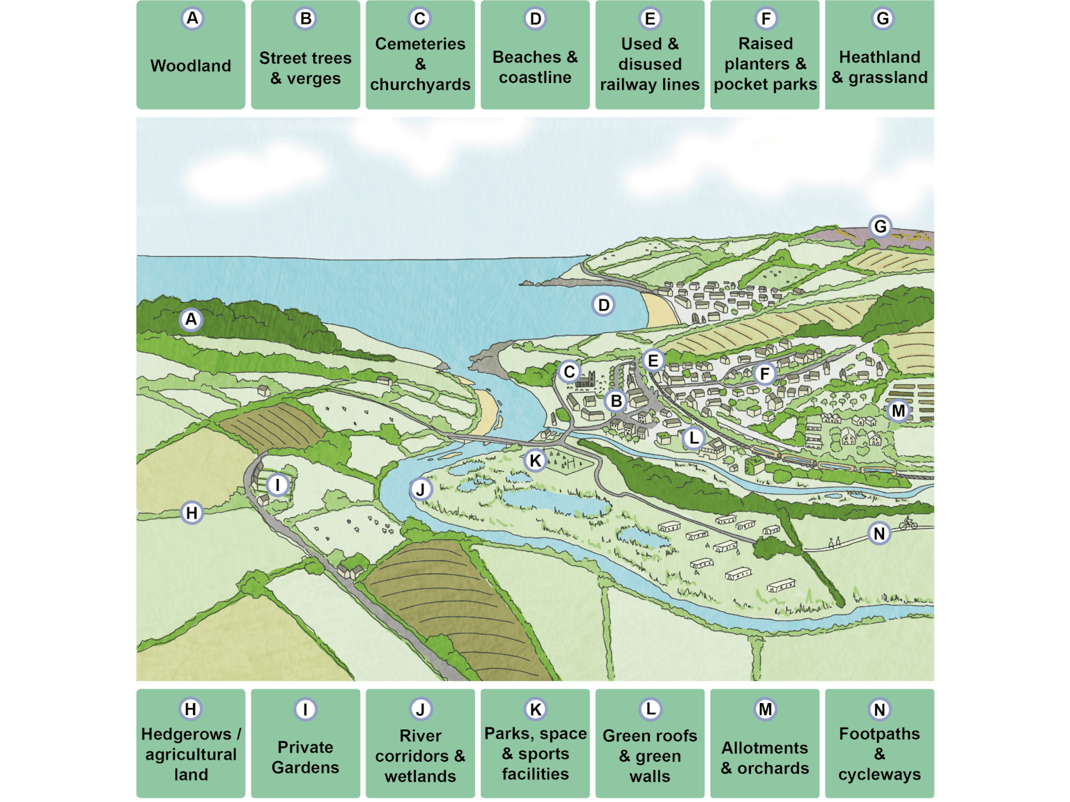 Detailed map of a city showcasing urban greening features