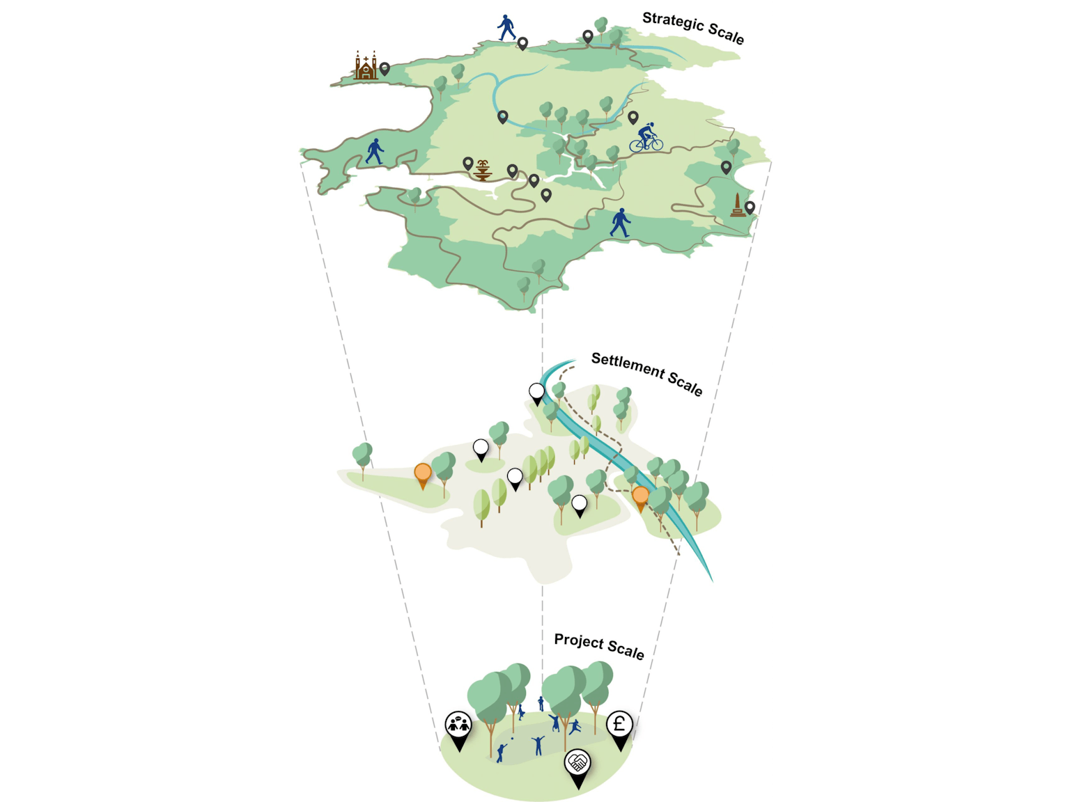 Map of a park with three inset maps showing different scales