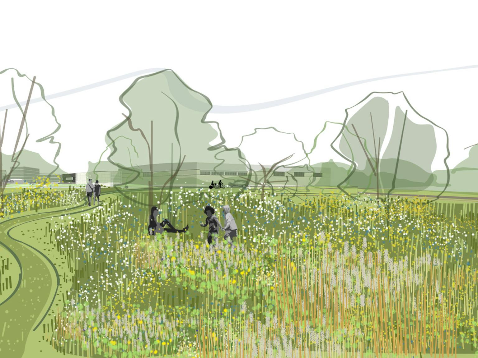 A drawing of a group of people relaxing in a field of flowers