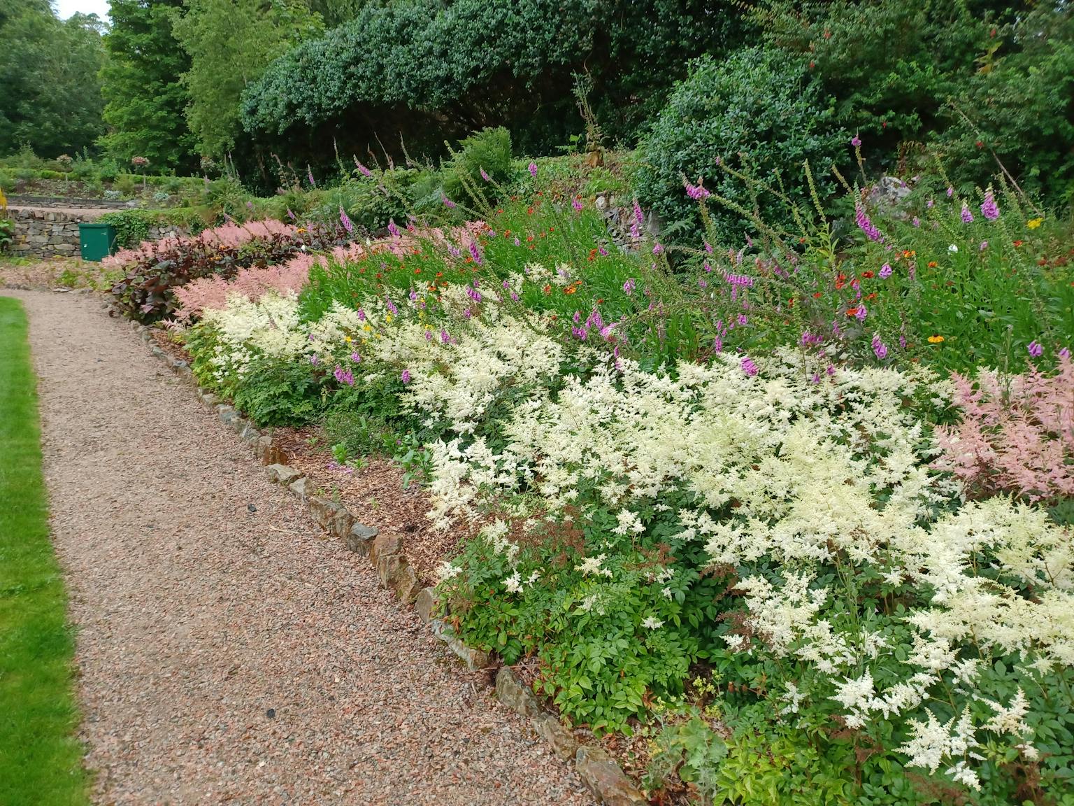 A garden with flowers next to a gravel path