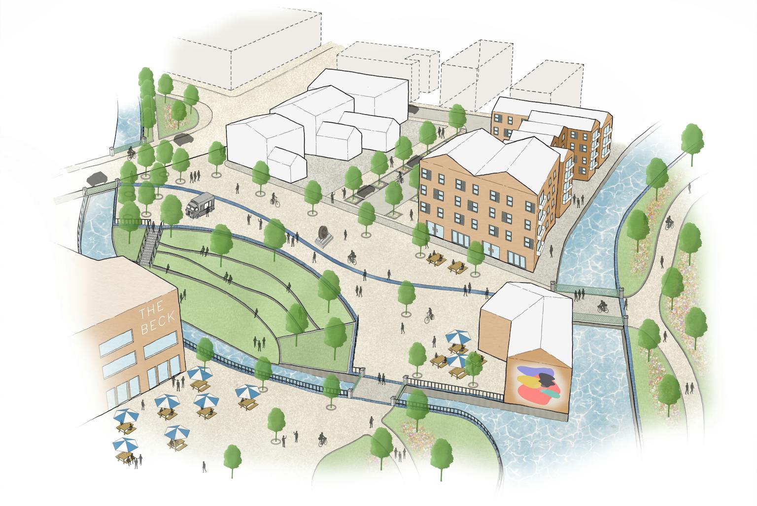 An artistic drawing of a town next to a river