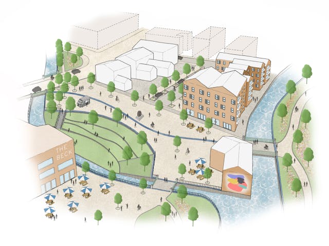 Artistic drawing of a town next to a river