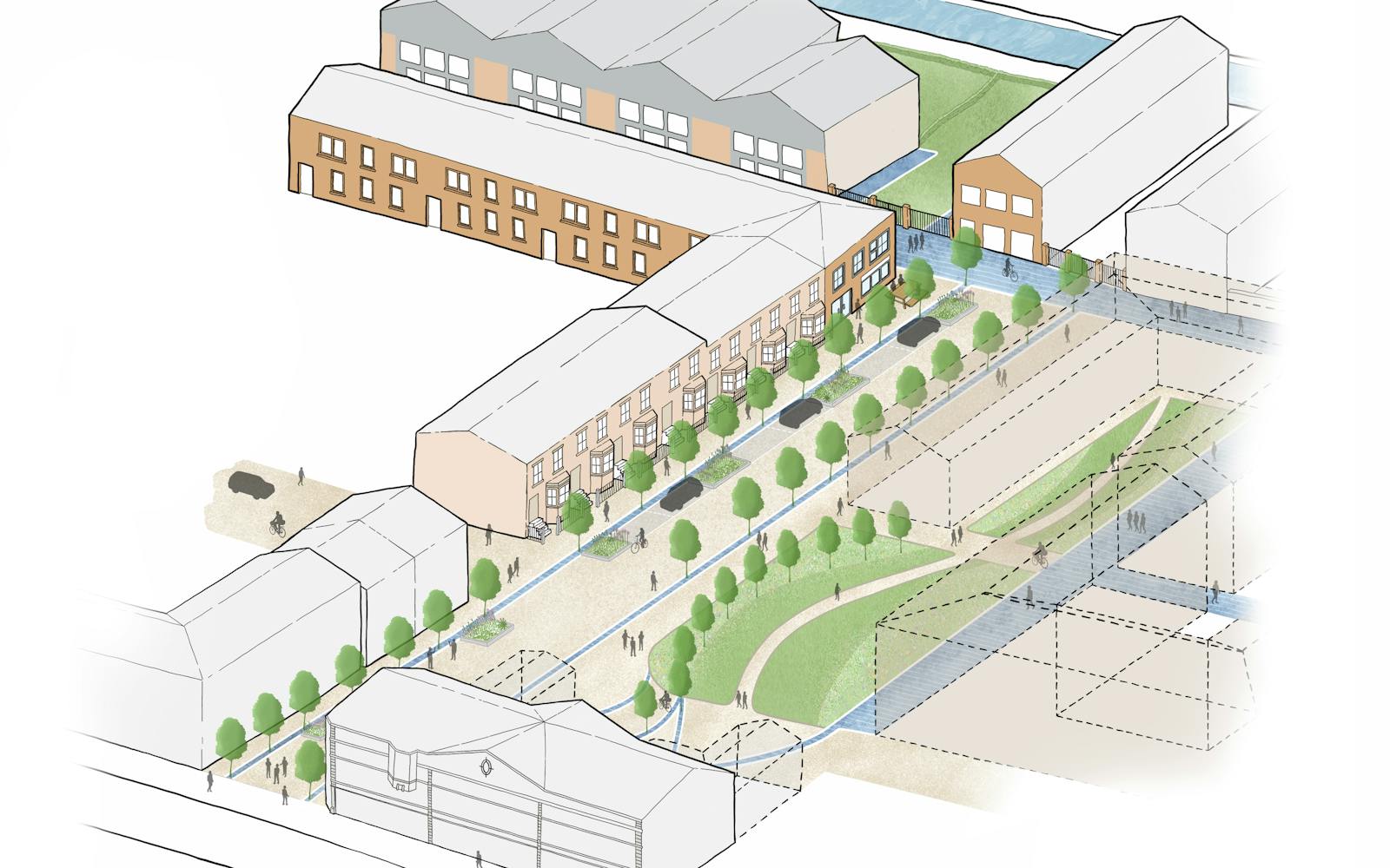 An artist's drawing of some houses and trees