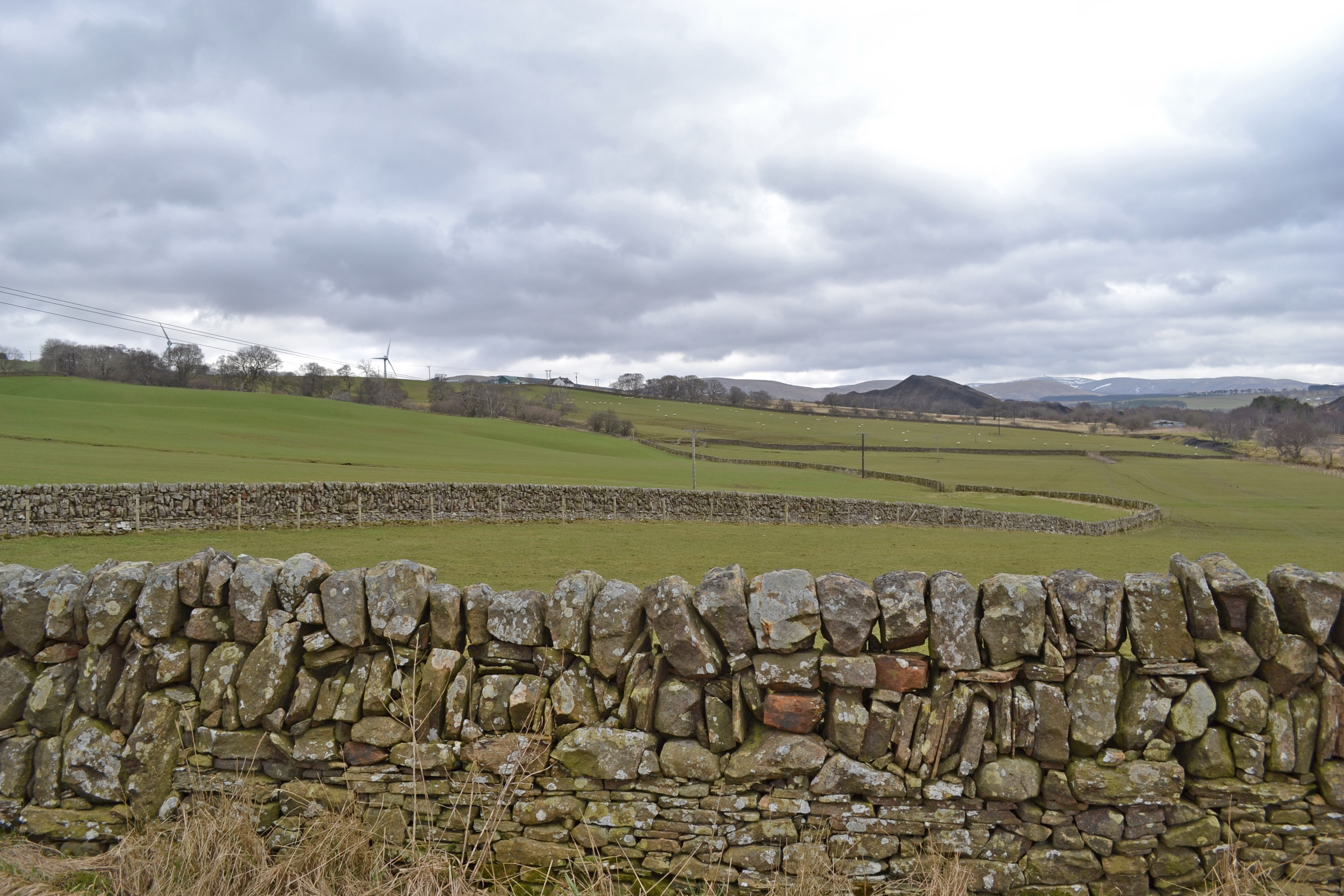 Countryside - fields and mountains in the distance. Dry stone wall in the foreground