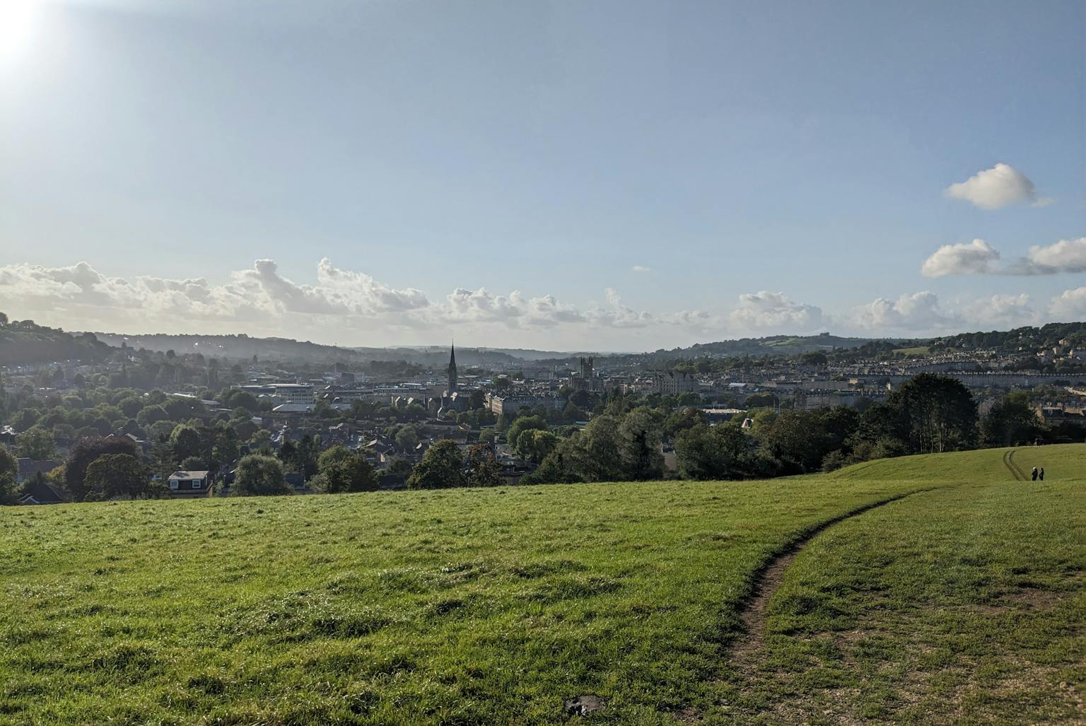 A field with a city in the background