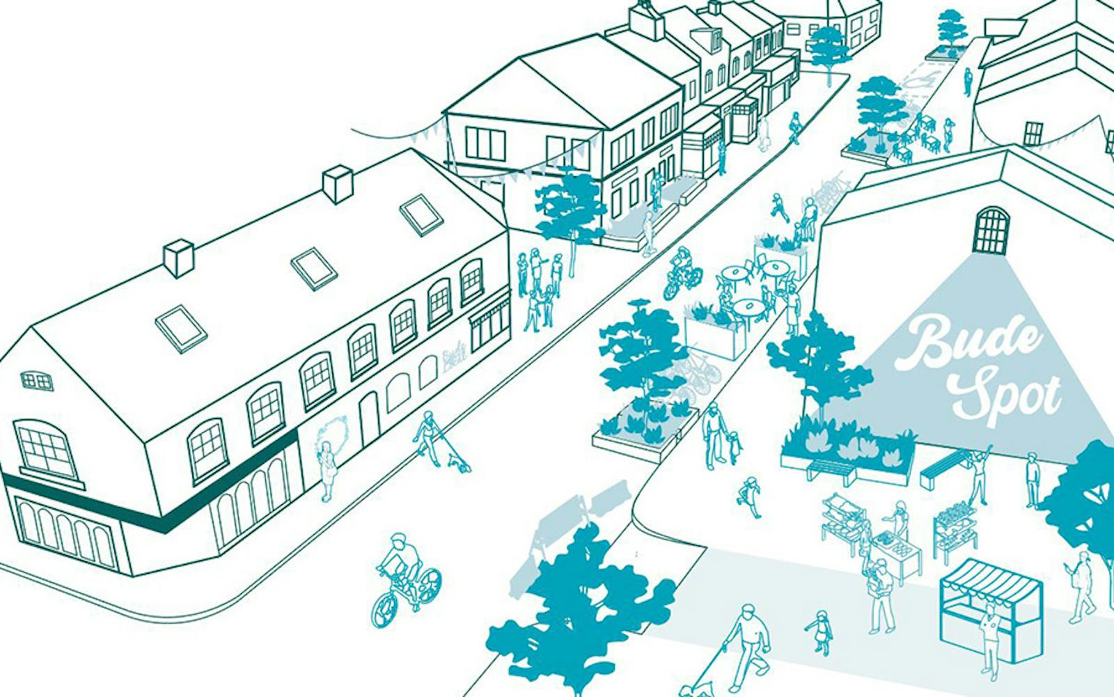 Graphic illustration of Bude town centre