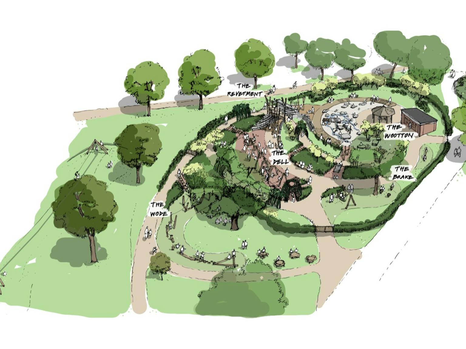 Inclusive playground design concept | Children's play equipment. A vibrant illustration showcasing a planned playground with slides, climbing frames, swings, sandpits, and a water play area, designed to be inclusive for all children