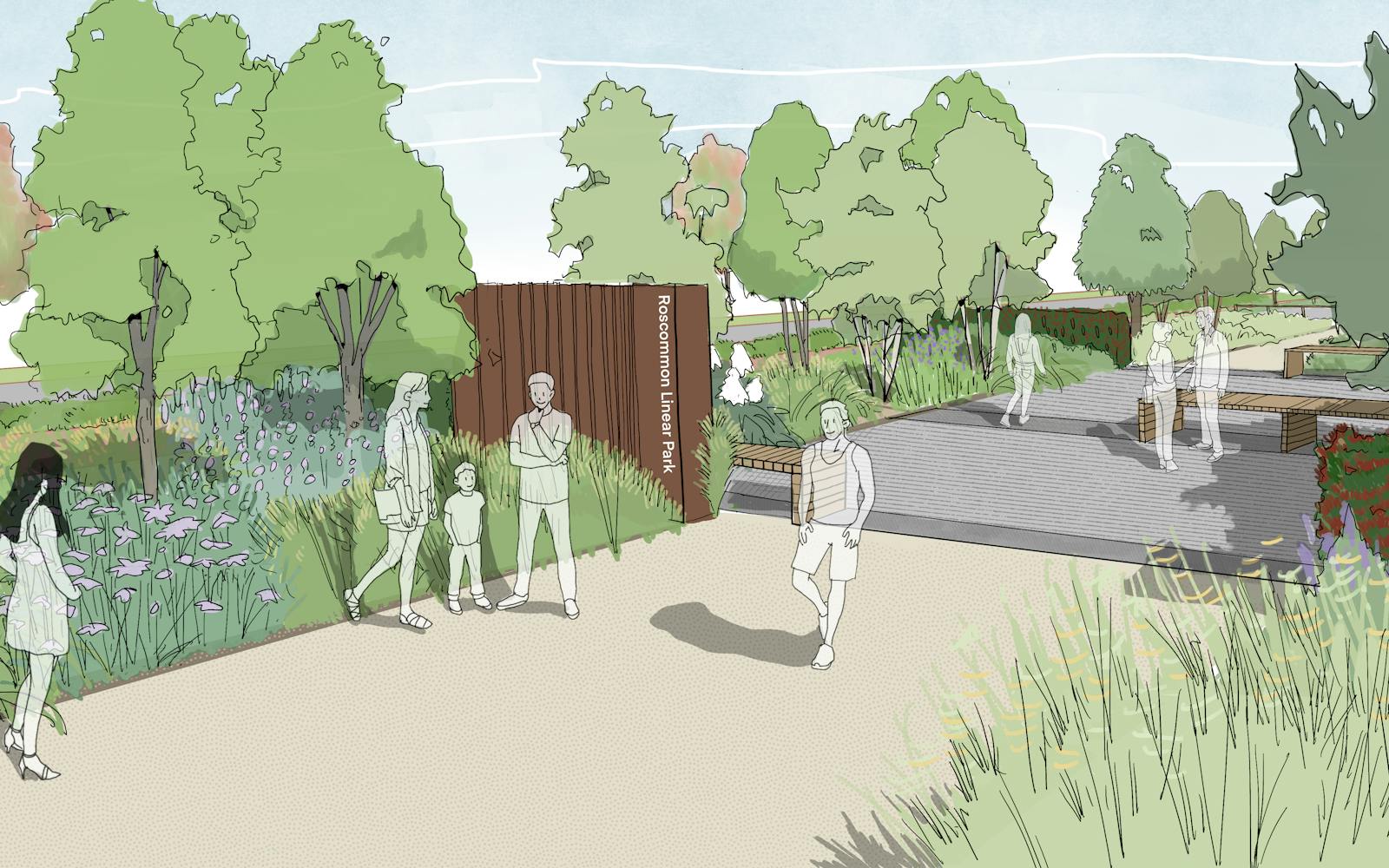 graphic of people walking around a grass-lined pavement