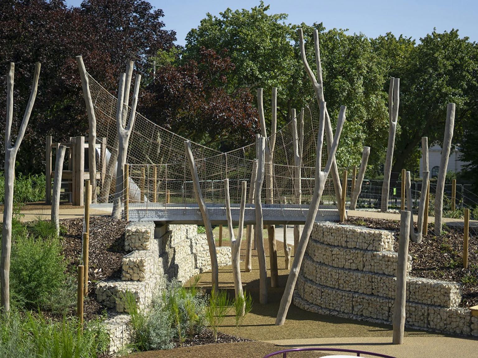 A rope bridge made of wood and rope