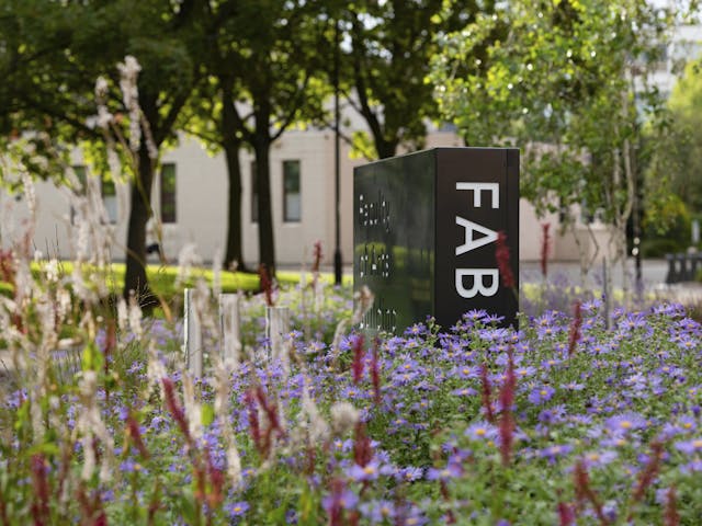 A black and white sign with the text "FAB" standing in a field of purple flowers