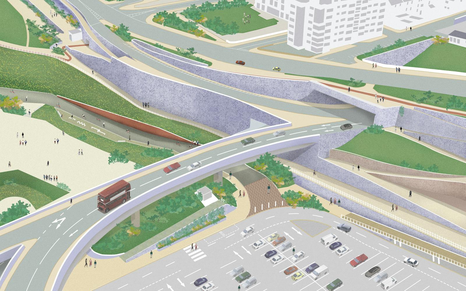 An aerial view of a motorway intersection with multiple lanes of traffic in each direction. A large car park with rows of parked cars is visible next to the road. A bridge spans the road in the distance