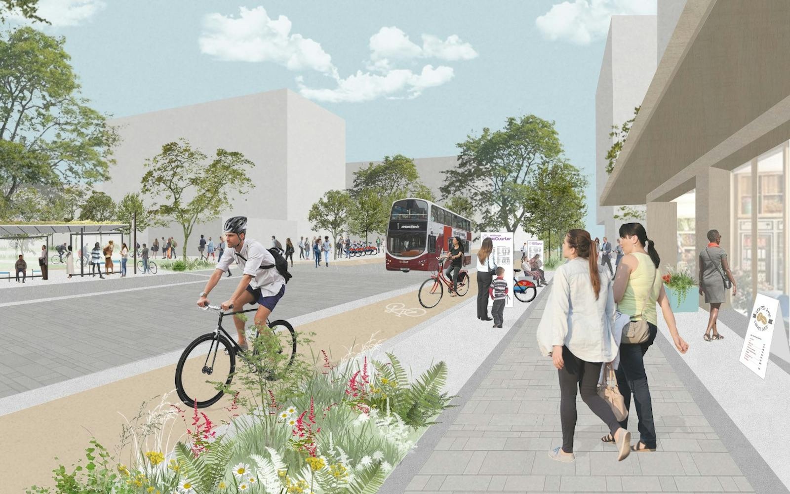 An artistic vision of streets, pedestrians, cyclists and trees