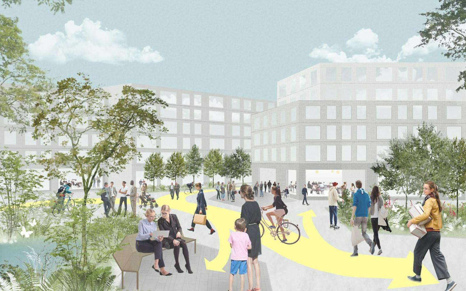 An artistic vision of a path through office buildings with pedestrians and trees