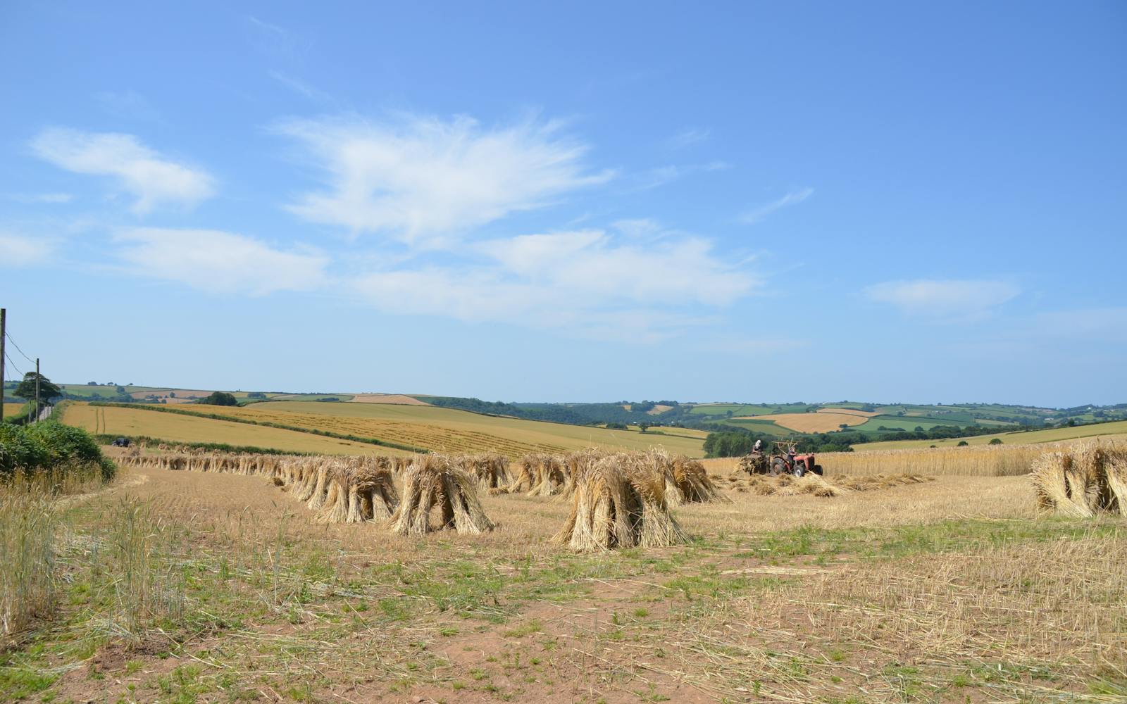 A rural landscape featuring round hay bales and a red tractor in a vast field under a clear blue sky