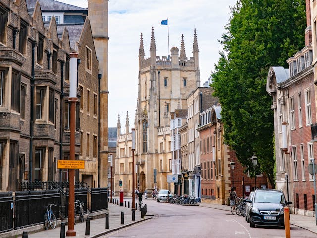a street with buildings and trees
