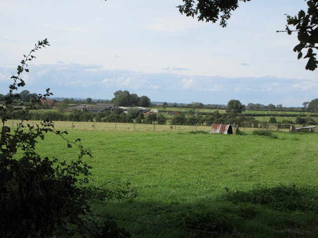 A large grassy field stretches towards a wooden barn in the distance. A fence runs along the side of the field