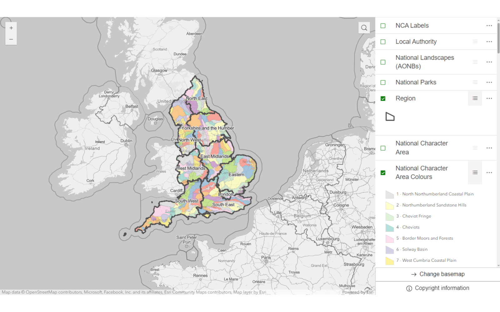 Map of the UK highlighting regions, national parks, and surrounding countries