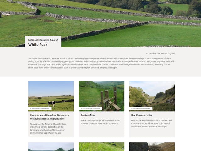 screenshot of a webpage displaying information about the White Peak National Character Area in the UK. The text describes the area as a raised, limestone plateau with valleys, caves, crags, and traditional buildings