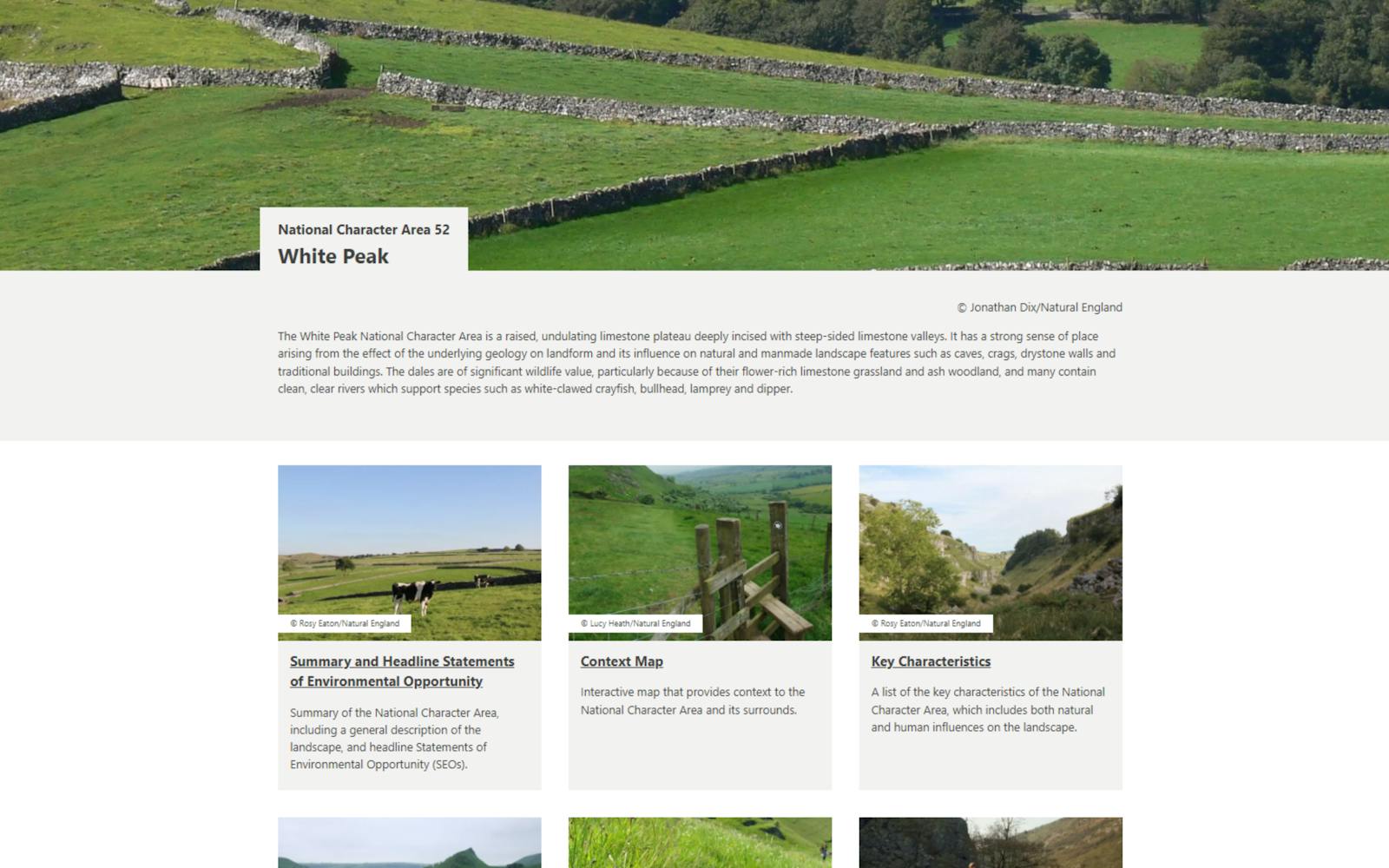 screenshot of a webpage displaying information about the White Peak National Character Area in the UK. The text describes the area as a raised, limestone plateau with valleys, caves, crags, and traditional buildings