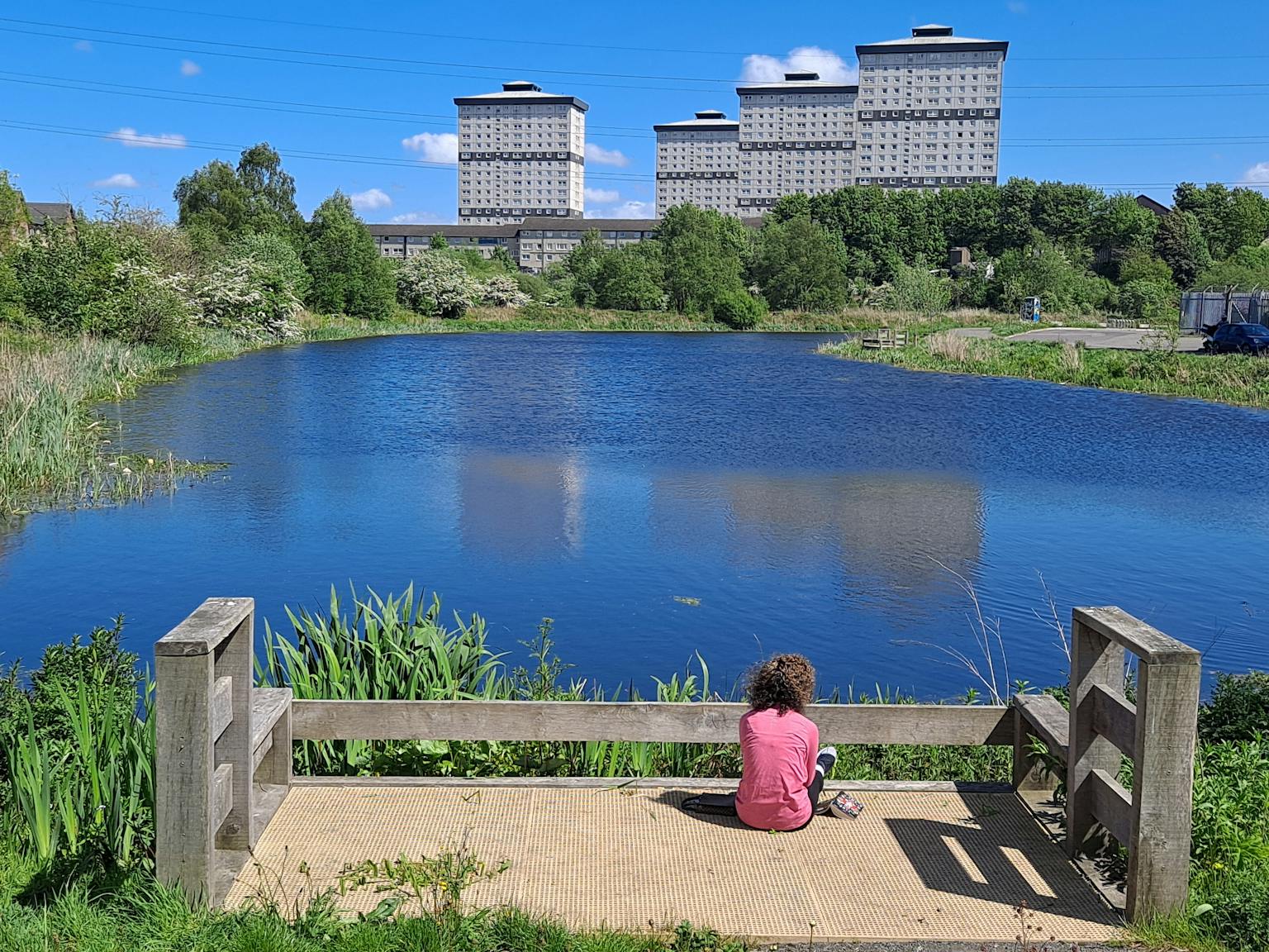 A small child sits on some decking overlooking a blue pond. It is a sunny day, the sky is blue and there are some blocks of flats in the background