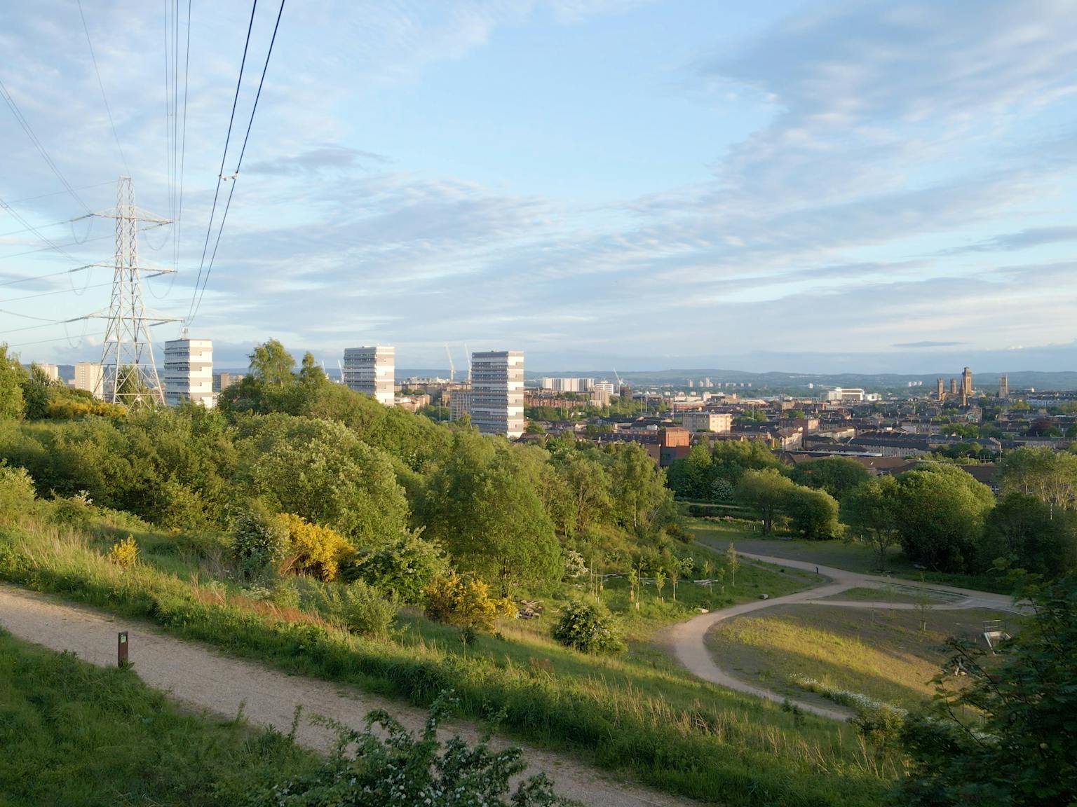 A park with paths and trees look over a cityscape with electricity pylons overhead