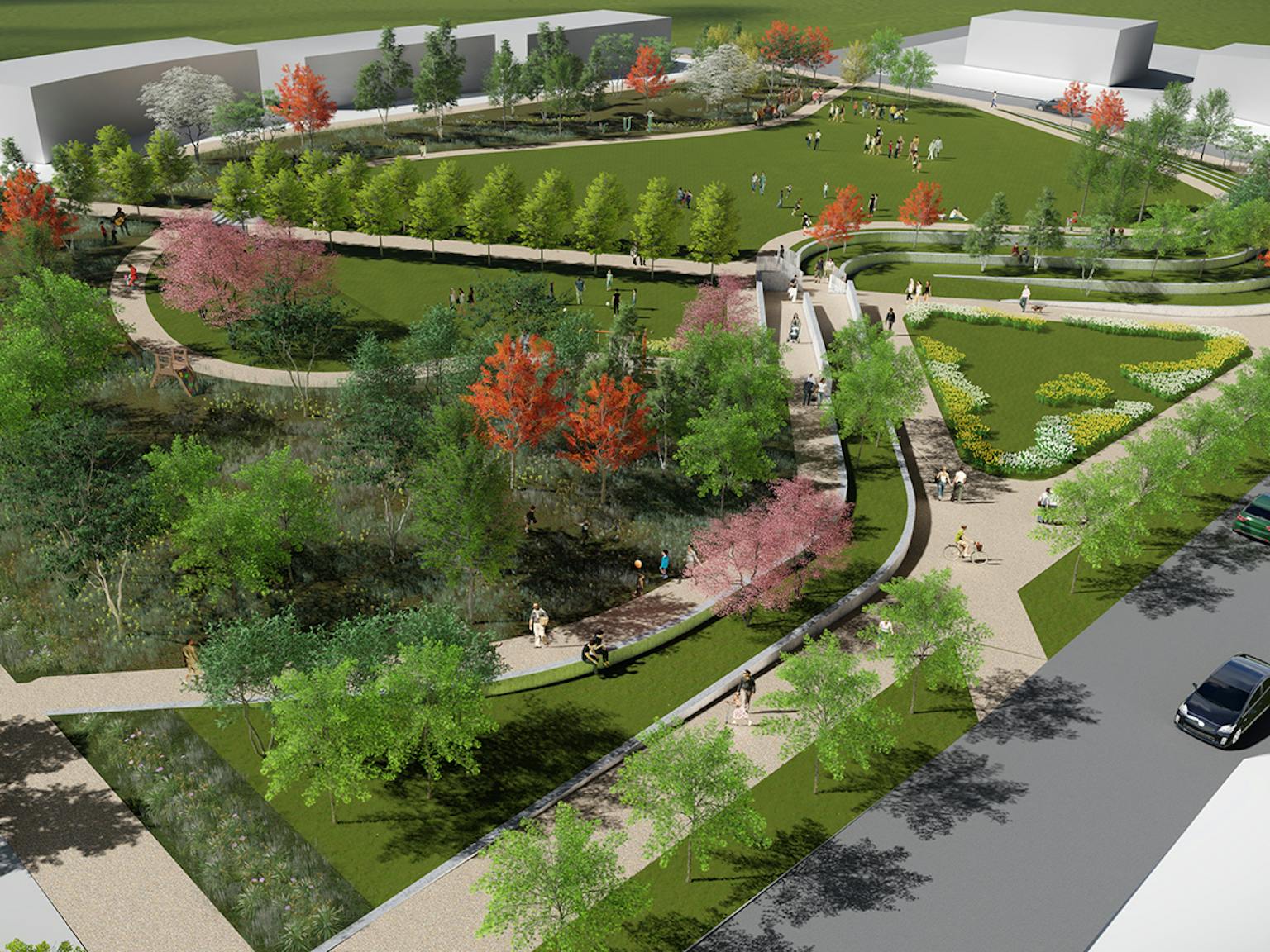 A visualisation of pathways through grass and trees