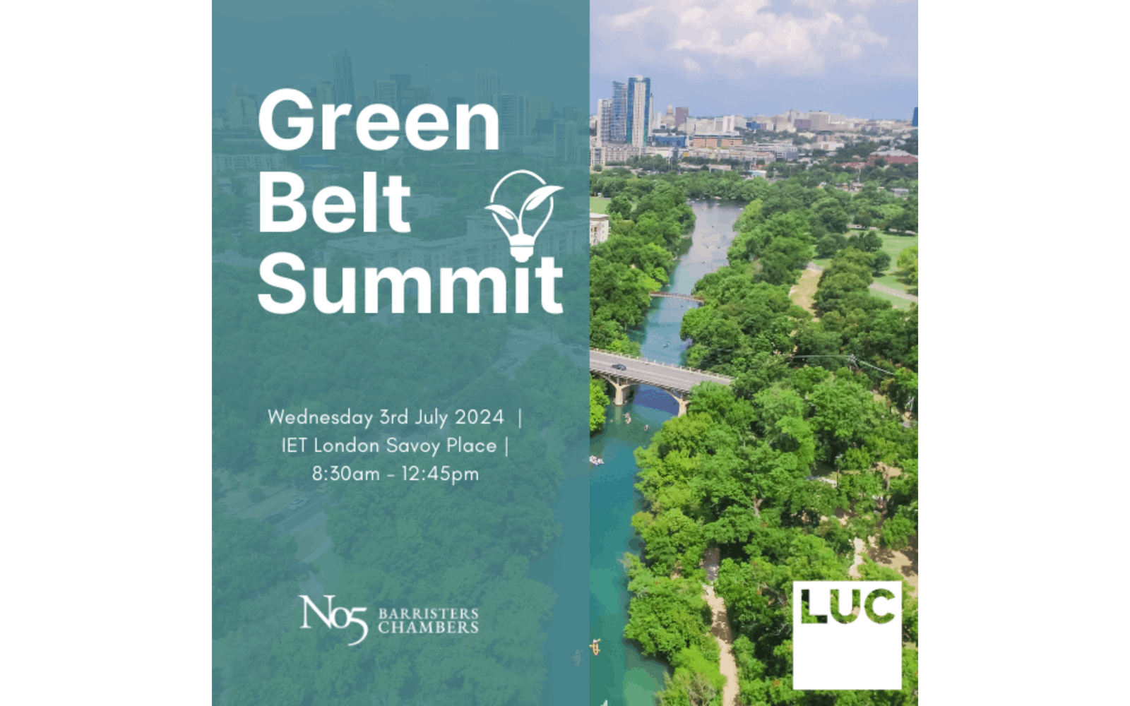 A photo of a river with lush green trees on the banks. There is a wooden bridge over the river in the background. Text on the image reads "Green Belt Summit" and gives the date and location of the event