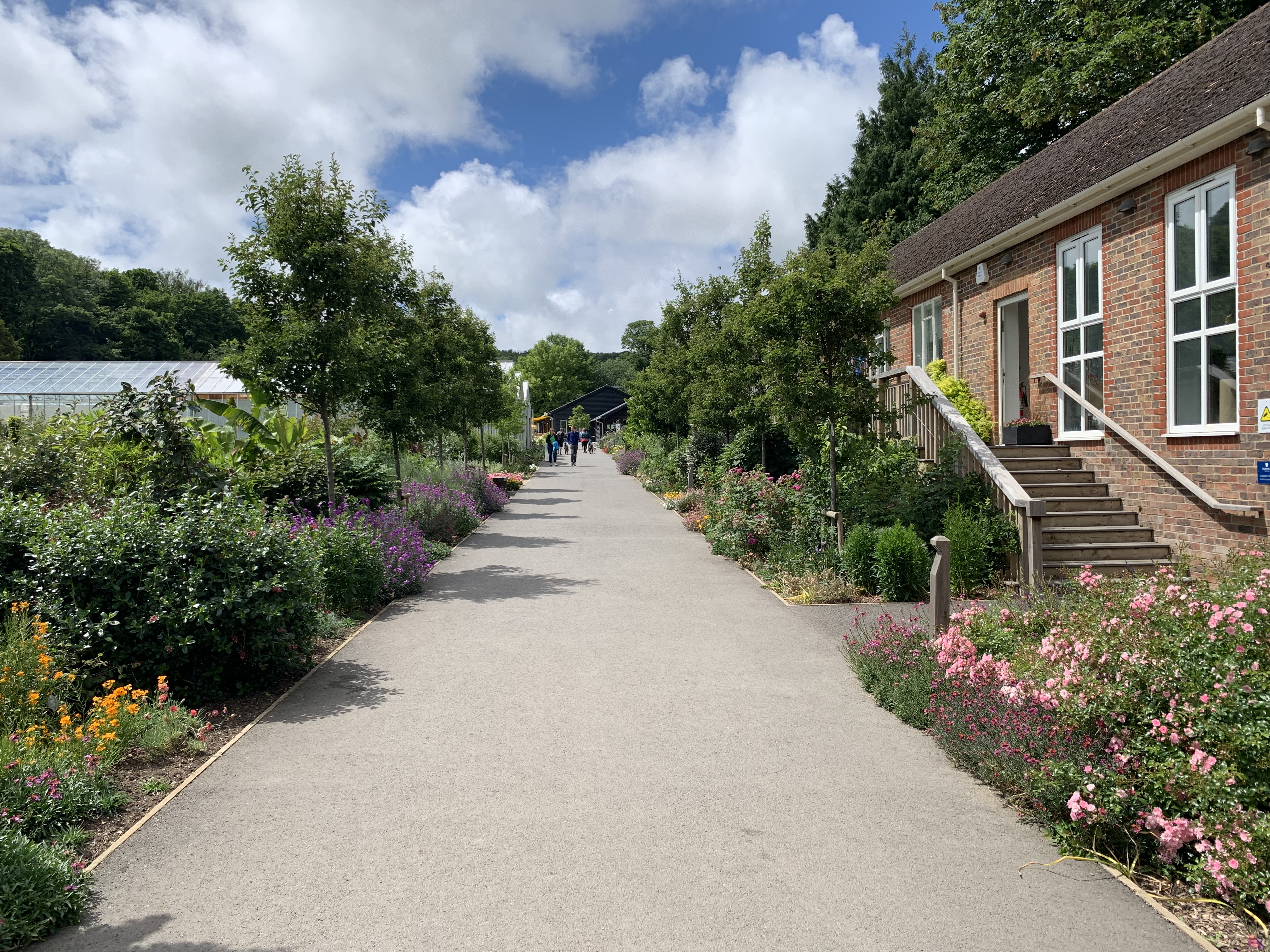 A paved garden path lined with vibrant flower beds leads to a brick building with a glass greenhouse in the background.